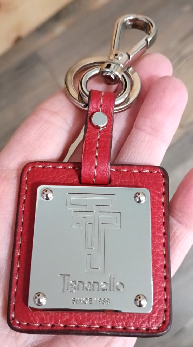 Tignanello Red Pebble Leather Metal Key Ring Fob Tag